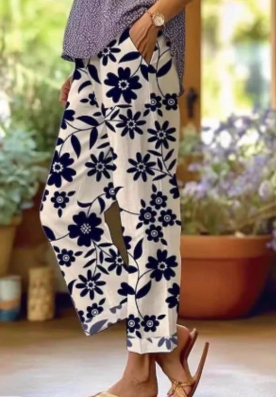 Women's Elegant Floral Print Full-Length Polyester Trousers