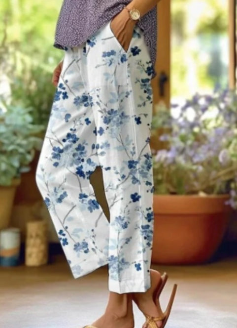 Women's Elegant Floral Print Full-Length Polyester Trousers