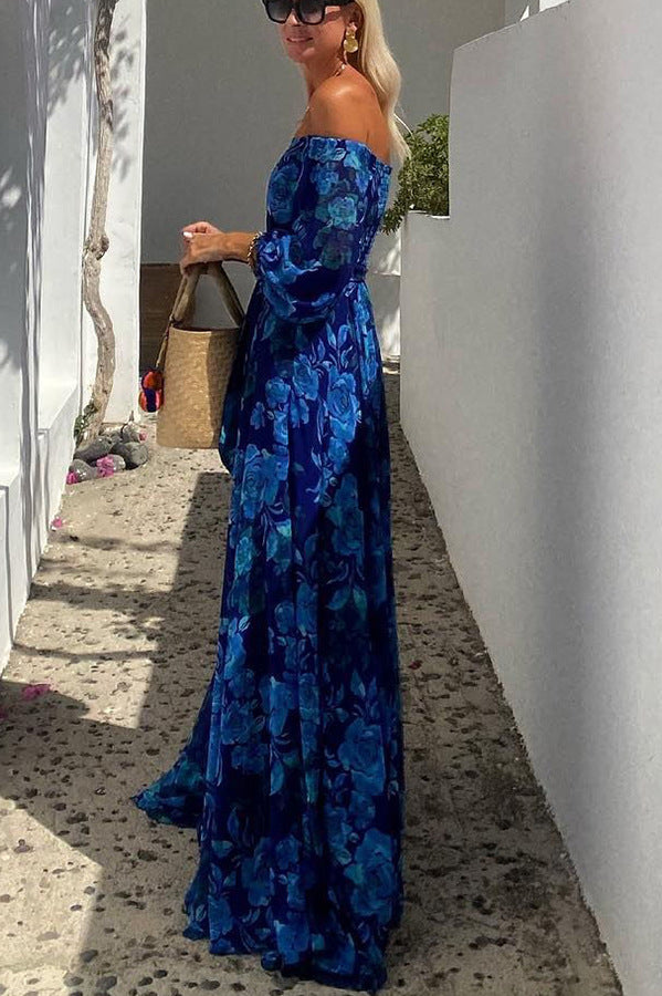 Ruth | Elegant Blue Off-Shoulder Lantern Sleeve Swing Dress