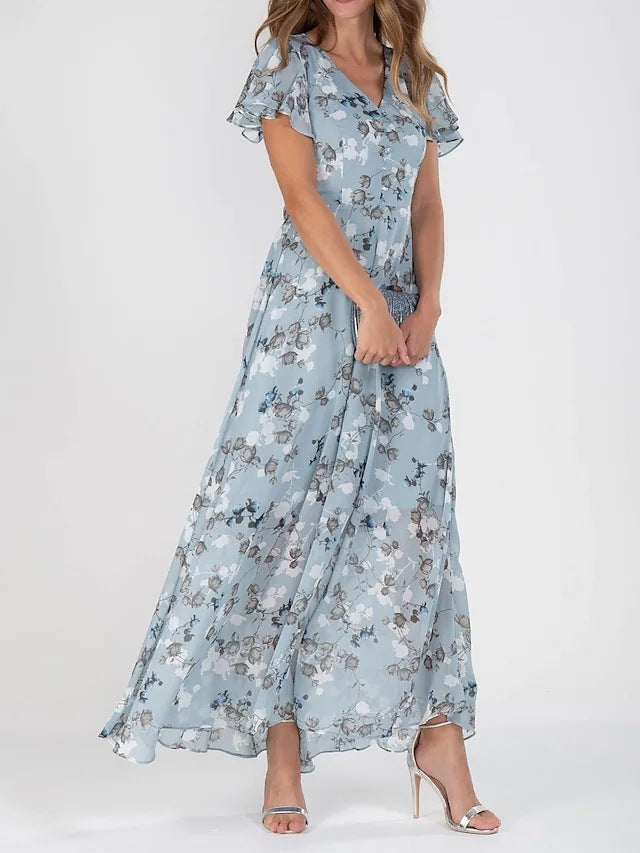 Xanthe | Floral Ruffle V-Neck A-Line Dress – Summer Beach Style
