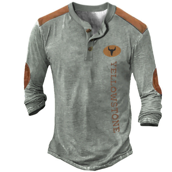 Men’s Long Sleeve Henley T-Shirt – Polyester Casual Patch Tee