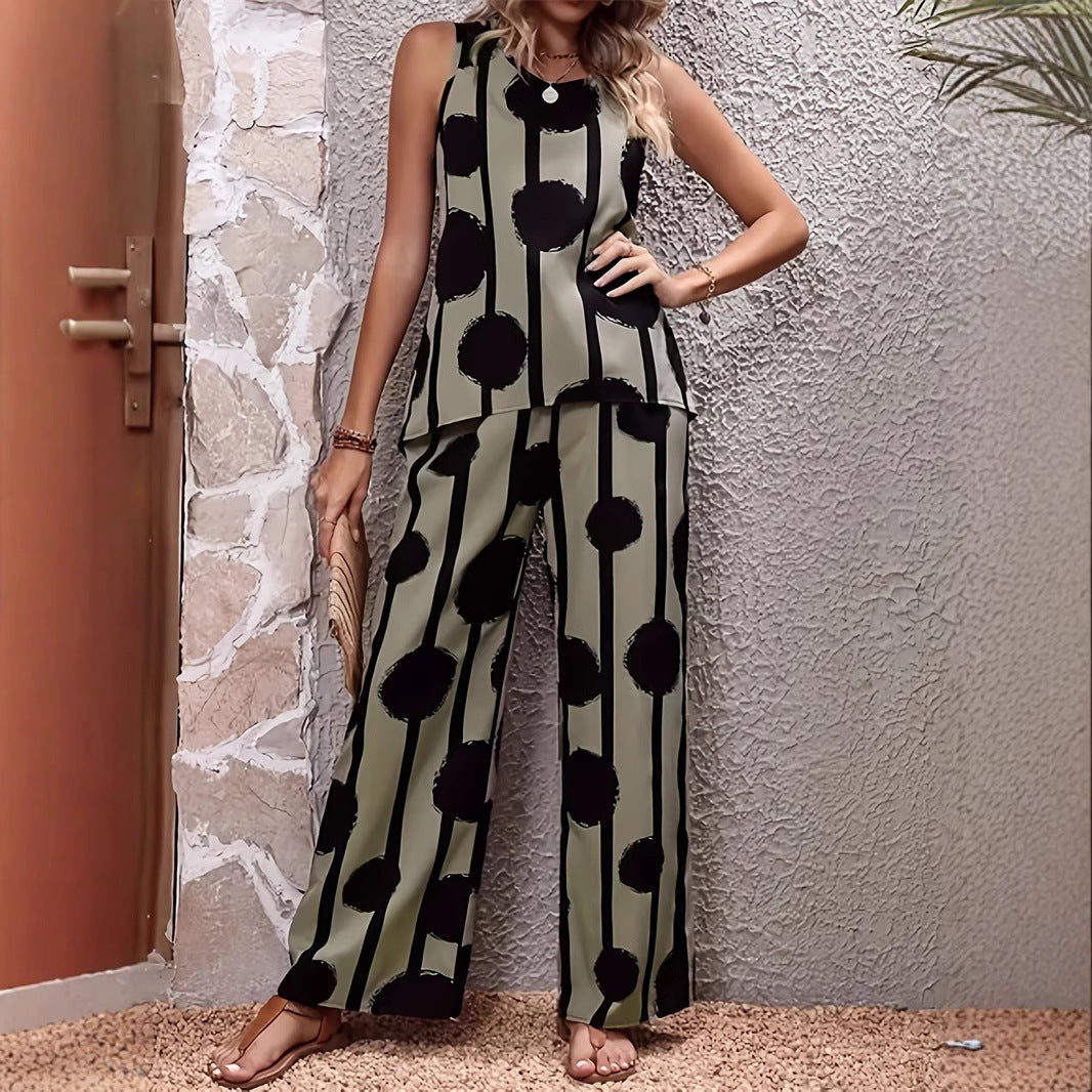 Olive Street Style Printed Sleeveless Top & Trousers Set