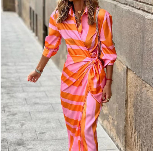 Dinna | Women's Striped Wrap Shirt Dress – Lace Up Irregular Hem