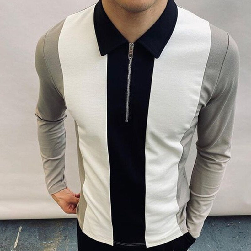 Men's Colourblock Zipper Polo Shirt – Long Sleeve Casual Fit