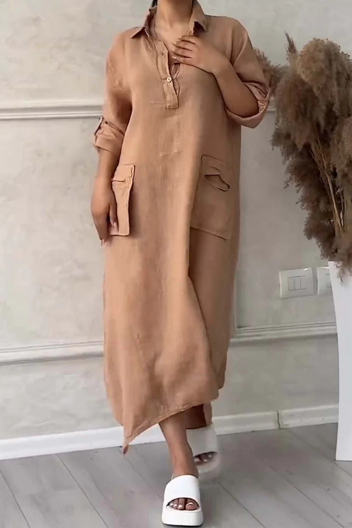 Annelin | Cotton Linen Polo Collar Pocket Dress for Women