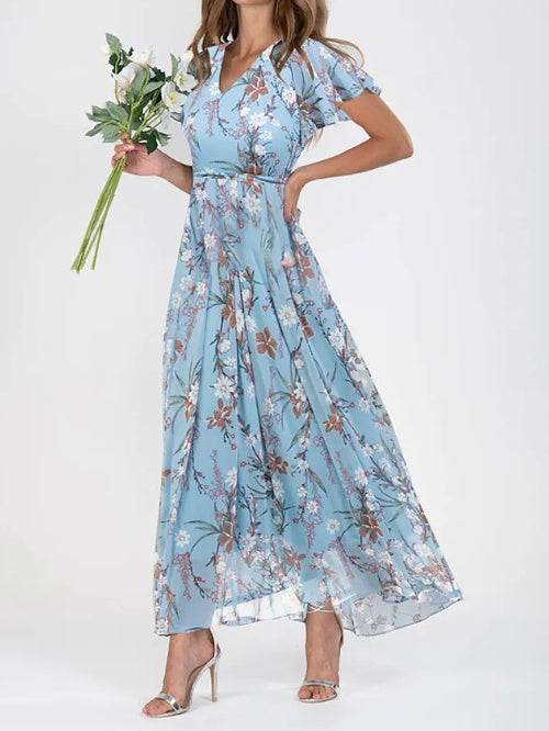 Xanthe | Floral Ruffle V-Neck A-Line Dress – Summer Beach Style
