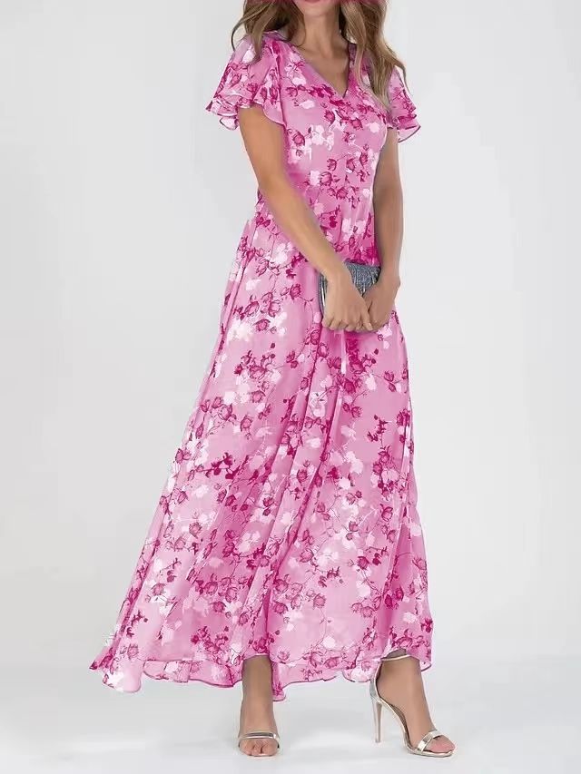 Xanthe | Floral Ruffle V-Neck A-Line Dress – Summer Beach Style