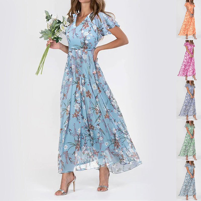 Xanthe | Floral Ruffle V-Neck A-Line Dress – Summer Beach Style