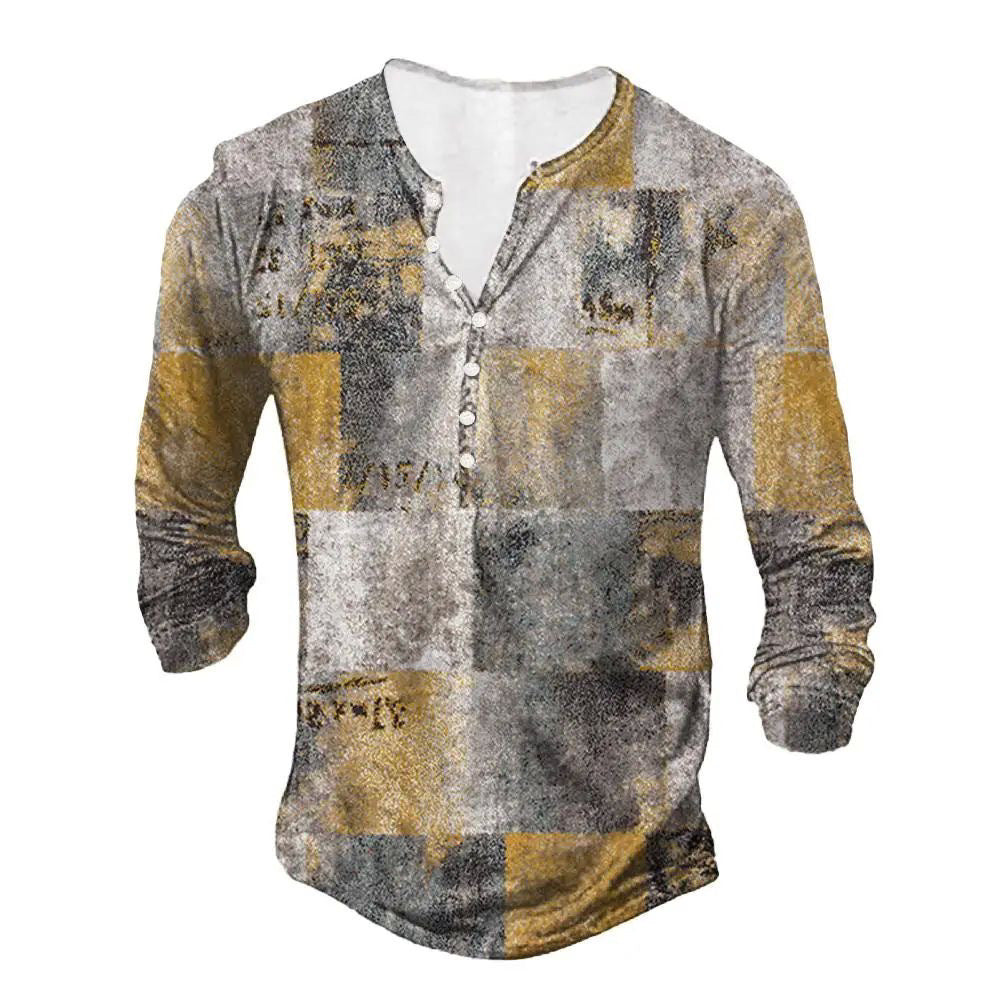 Men’s 3D Patchwork Print Long Sleeve Shirt with Buttoned Placket