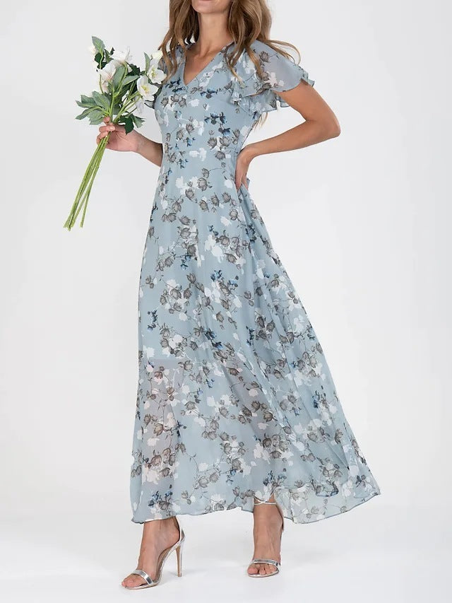 Xanthe | Floral Ruffle V-Neck A-Line Dress – Summer Beach Style