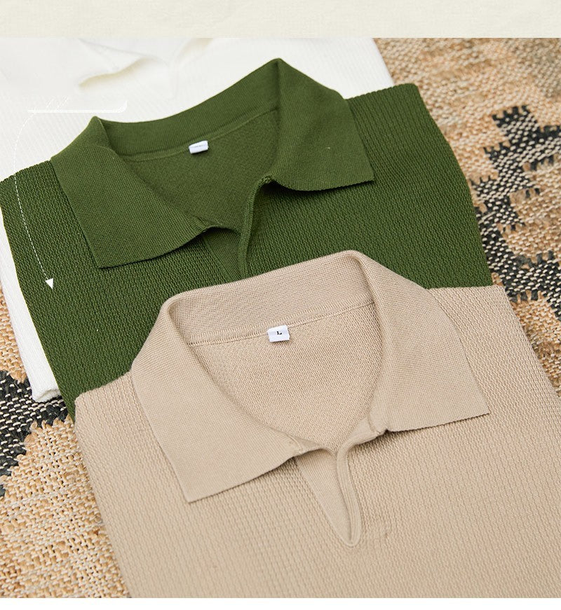 Men’s Retro Ribbed Knit Polo Short Sleeve Shirt