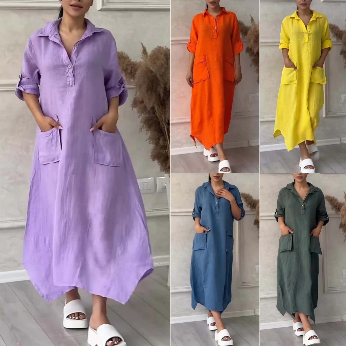 Annelin | Cotton Linen Polo Collar Pocket Dress for Women