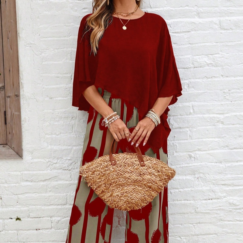 Red Abstract Two-Piece Set with Wide-Leg Pants – Women's Elegant Outfit