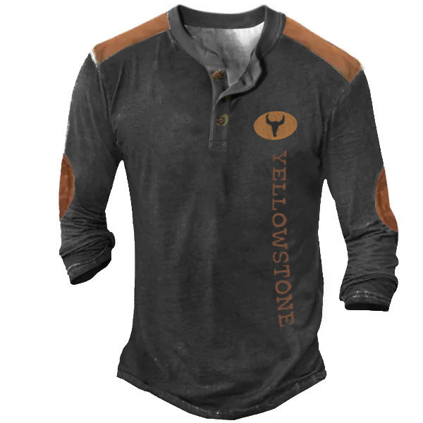 Men’s Long Sleeve Henley T-Shirt – Polyester Casual Patch Tee