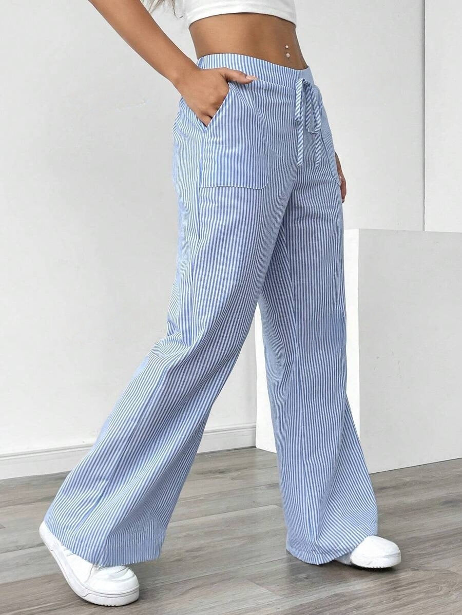 Women's Wide Leg Striped Pants with Pockets – Casual Loose Fit