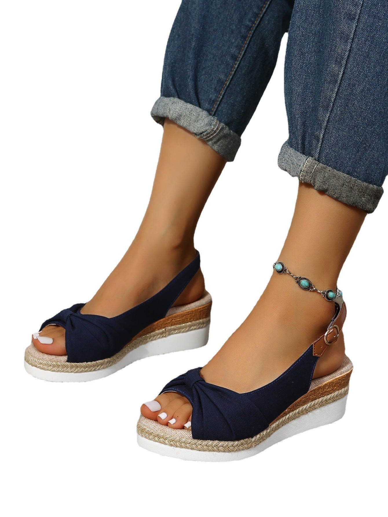 Women’s Bow Wedge Sandals – Hemp Rope Sole & Peep Toe