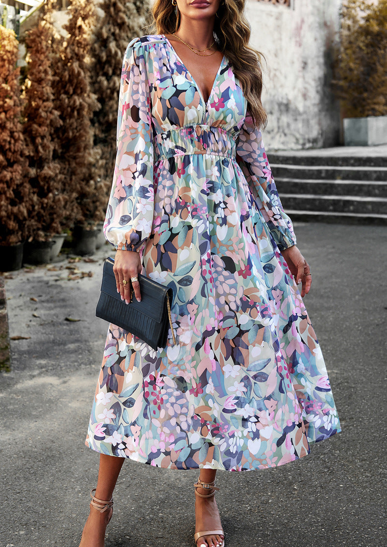 Aruna | Boho Floral Print Chiffon Midi Dress – Holiday A-Line Style