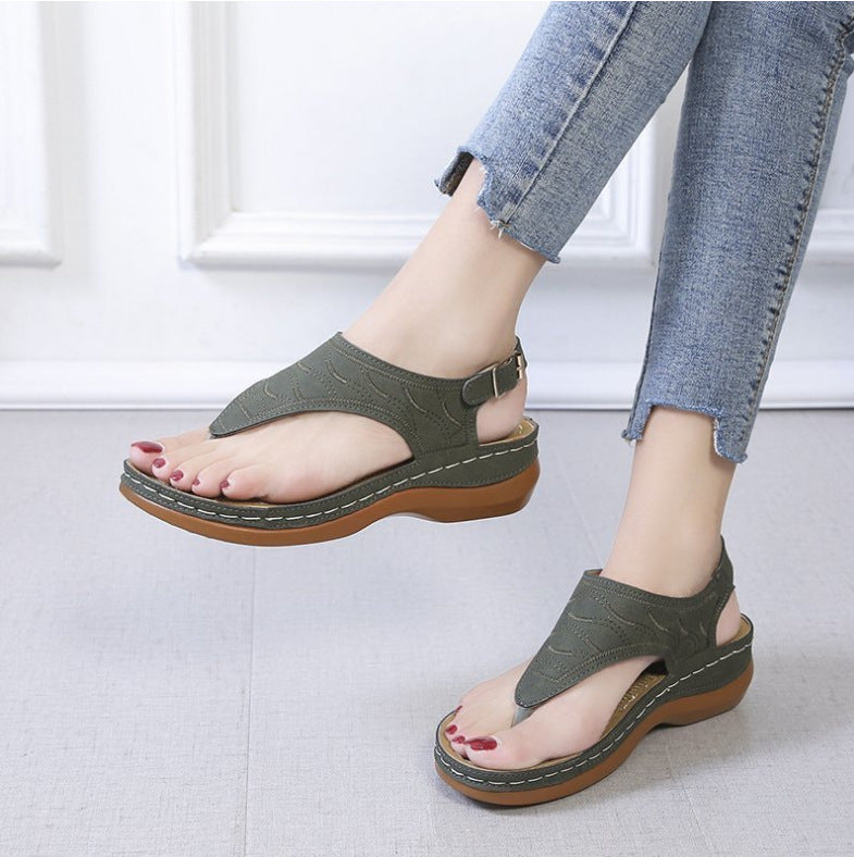 Women's Cowhide Roman Sandals – T-Strap Buckle & Wedge Comfort