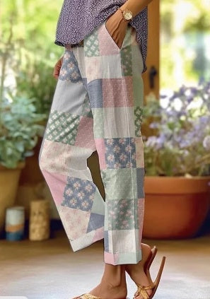 Women's Elegant Floral Print Full-Length Polyester Trousers