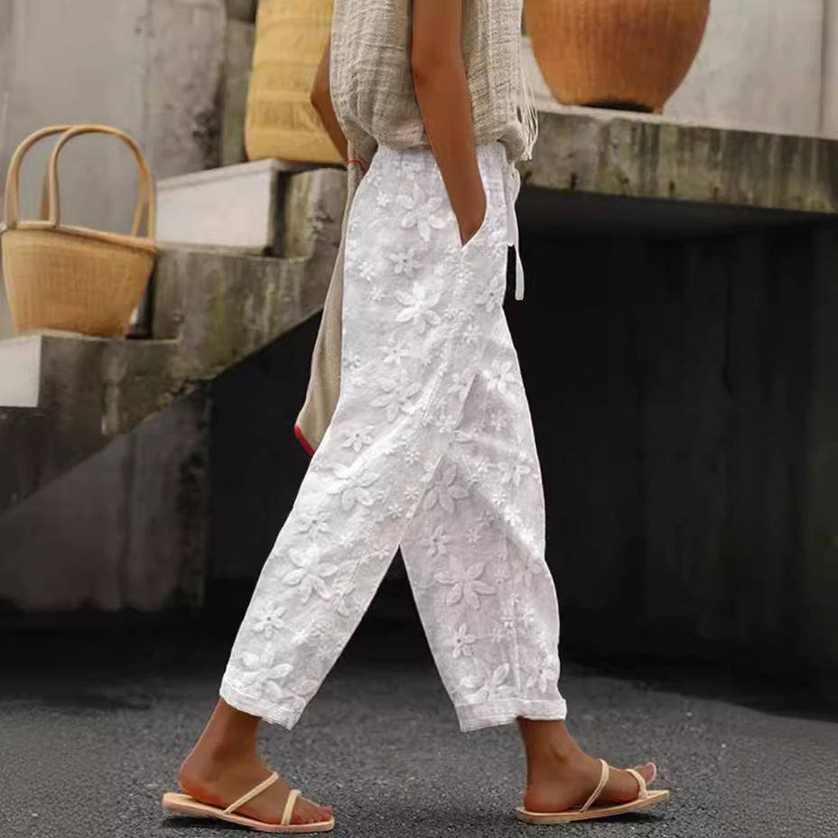 White Embroidered Cropped Pants with Pockets & Elastic Waist for Women