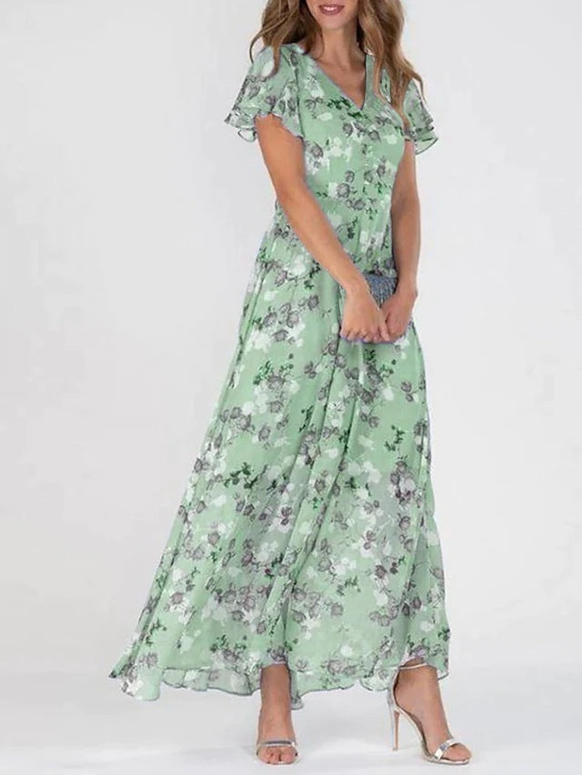 Xanthe | Floral Ruffle V-Neck A-Line Dress – Summer Beach Style