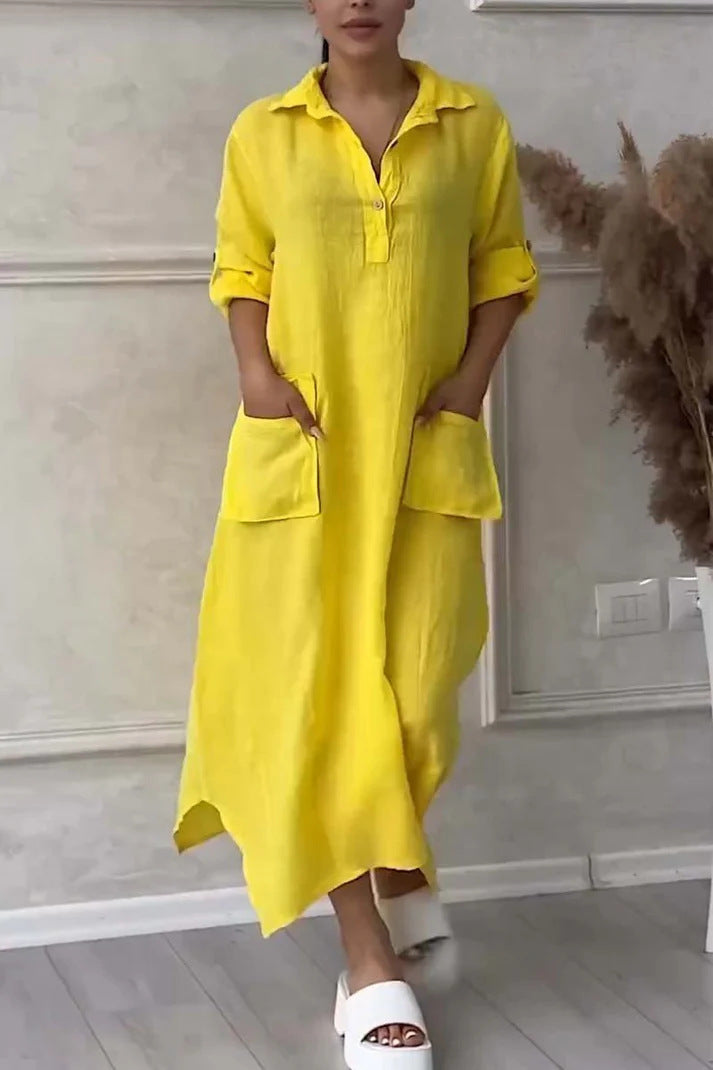 Annelin | Cotton Linen Polo Collar Pocket Dress for Women
