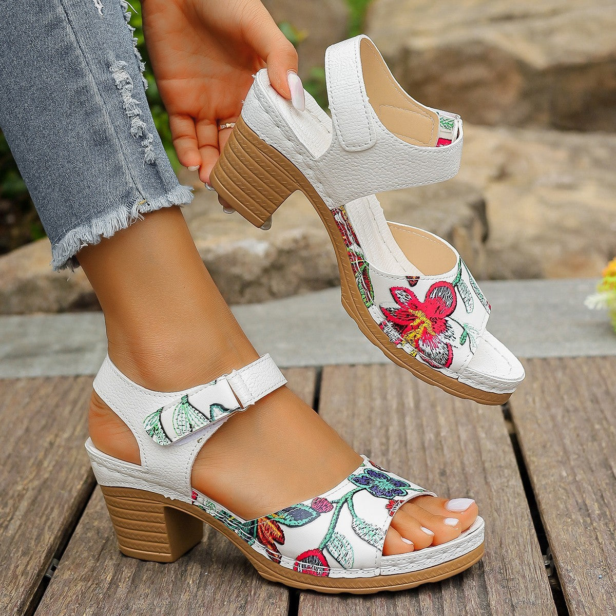 Women's Floral High Heel Velcro Sandals – Casual PU Comfort