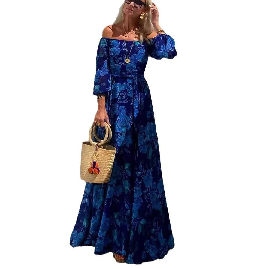 Ruth | Elegant Blue Off-Shoulder Lantern Sleeve Swing Dress