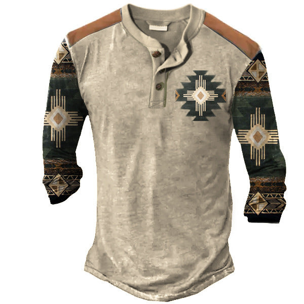 Men’s Long Sleeve Henley T-Shirt – Polyester Casual Patch Tee