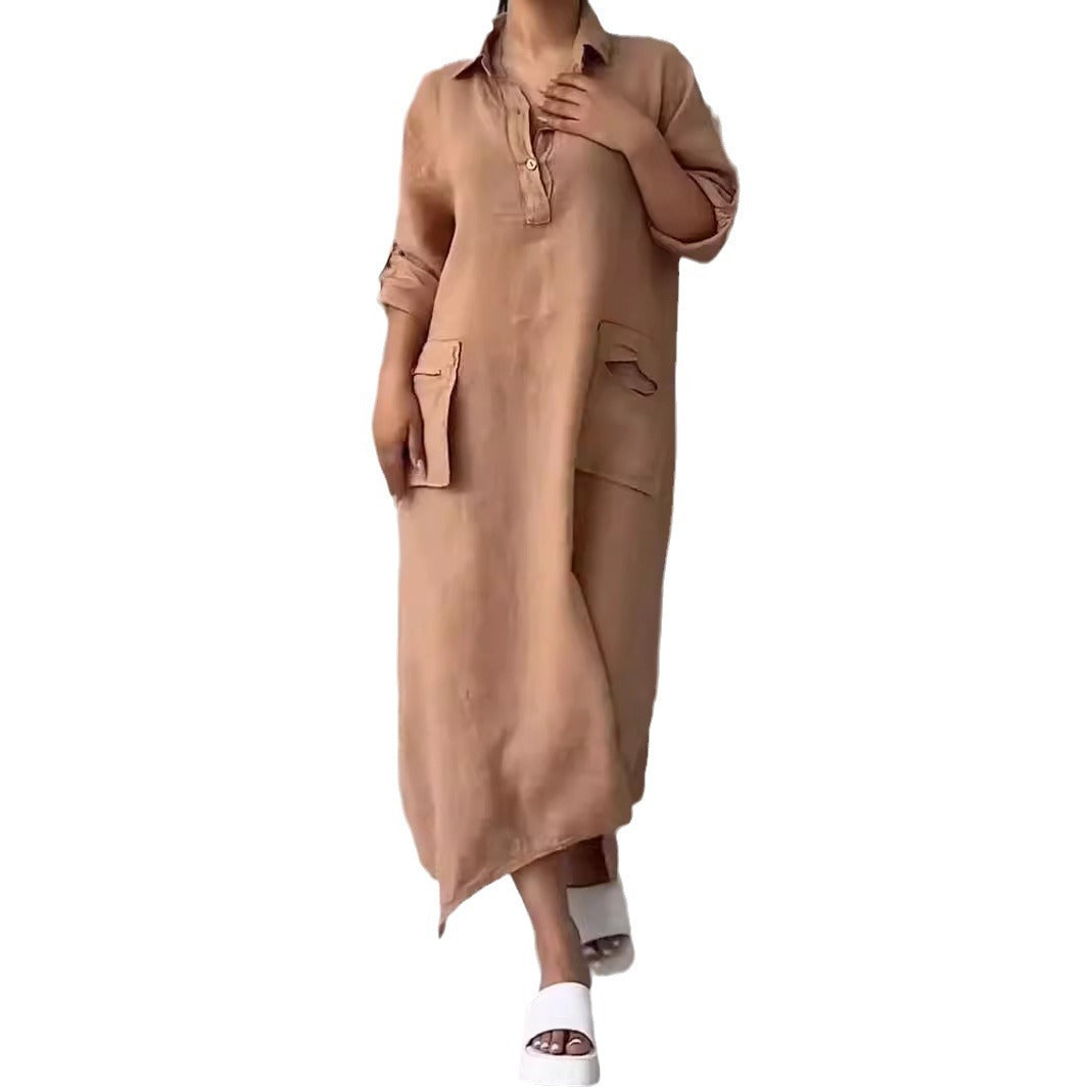 Annelin | Cotton Linen Polo Collar Pocket Dress for Women