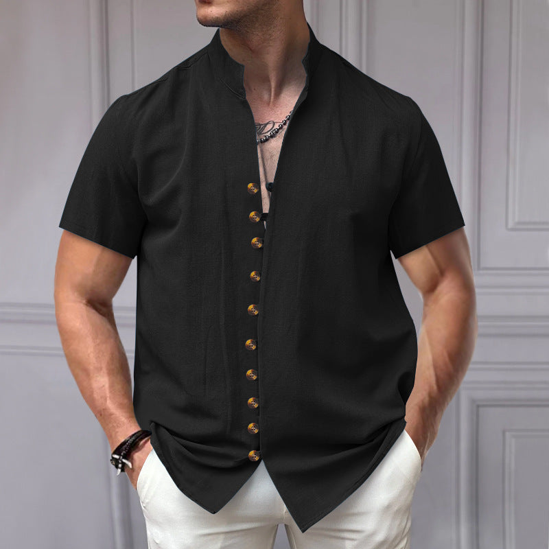Luca | Linen Stand Collar Short Sleeve Shirt