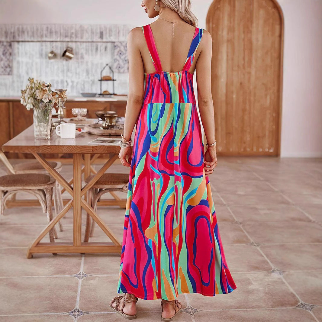Leah | Women's Colourful Spaghetti Strap Pocket Long Summer Dress