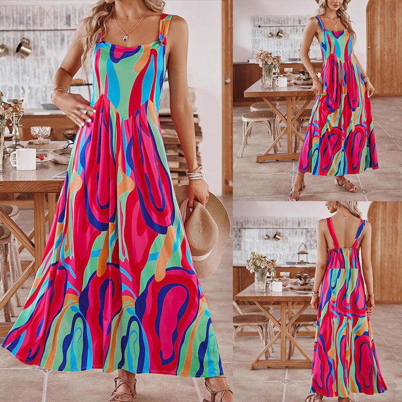 Leah | Women's Colourful Spaghetti Strap Pocket Long Summer Dress