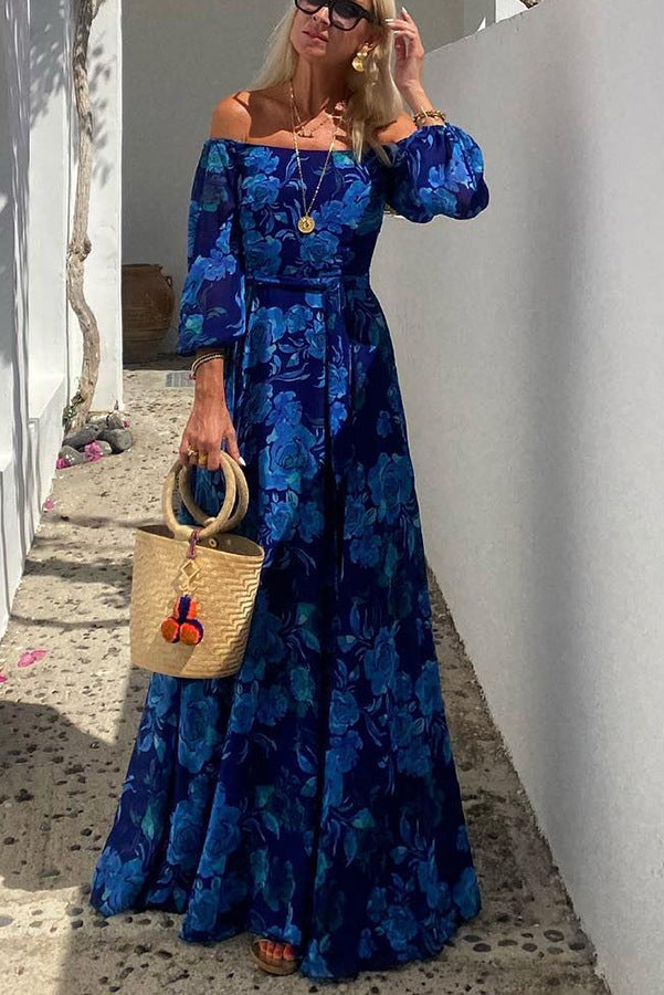 Ruth | Elegant Blue Off-Shoulder Lantern Sleeve Swing Dress