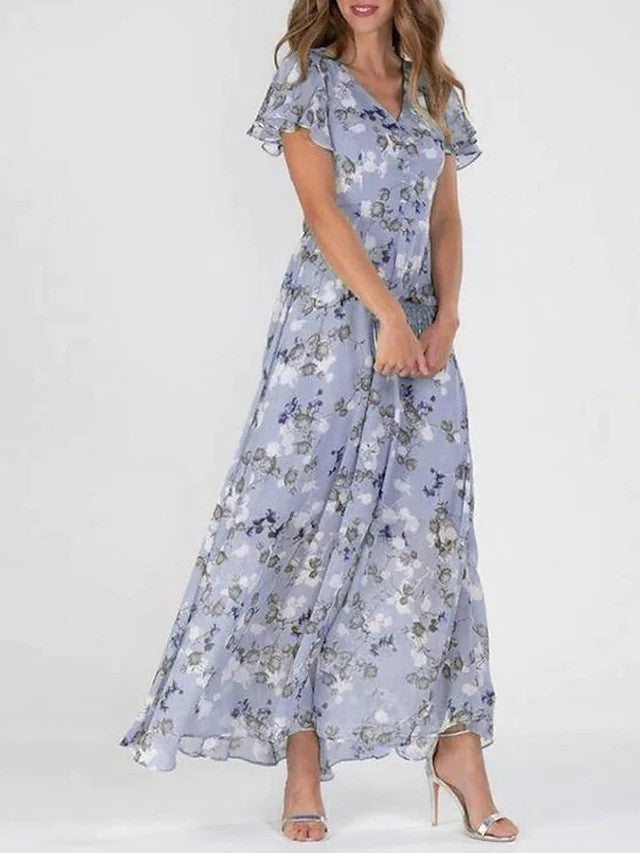 Xanthe | Floral Ruffle V-Neck A-Line Dress – Summer Beach Style