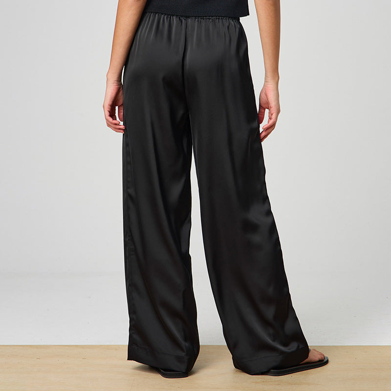 Women's Black Wide-Leg Trousers with Drawstring | Mid Waist Fit
