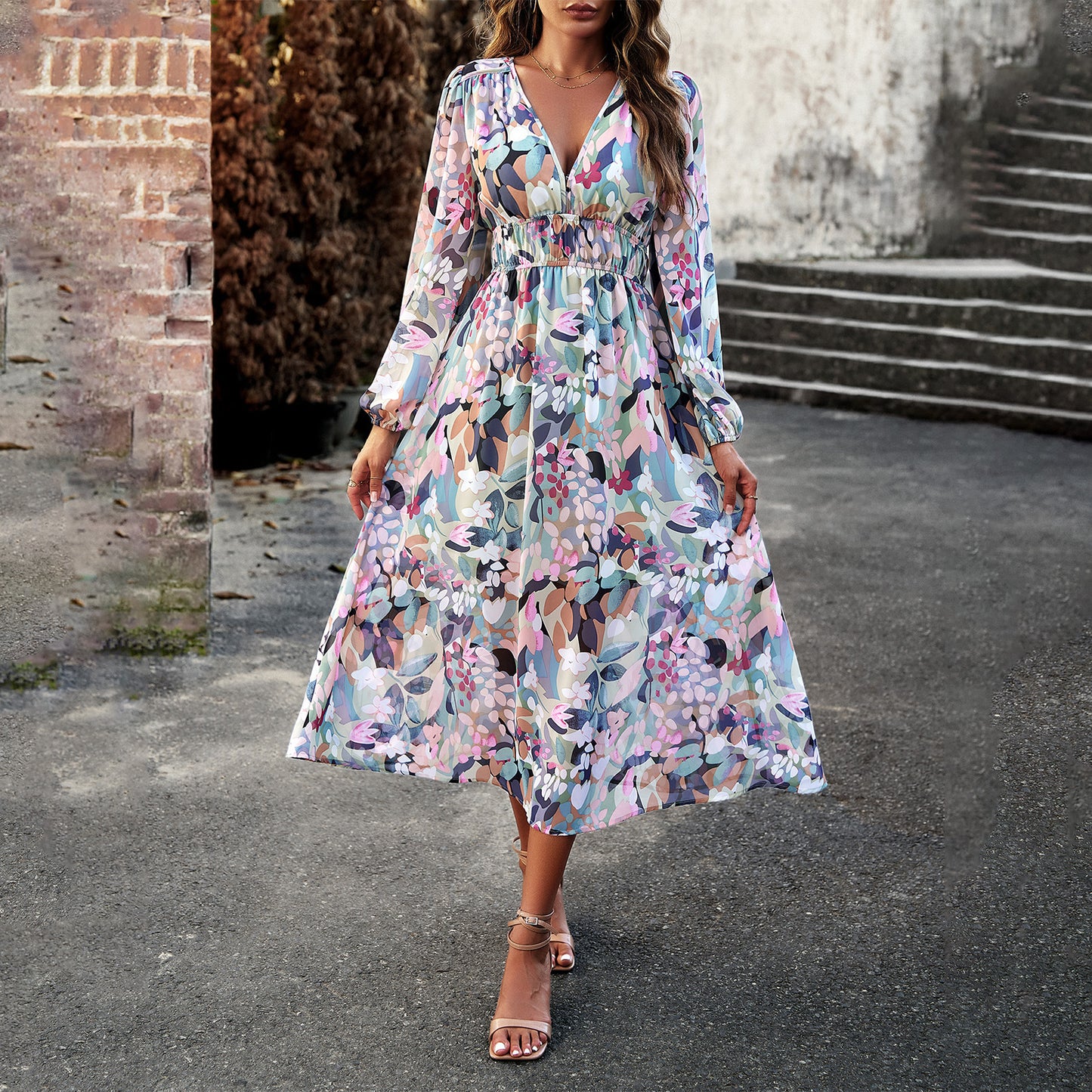 Aruna | Boho Floral Print Chiffon Midi Dress – Holiday A-Line Style