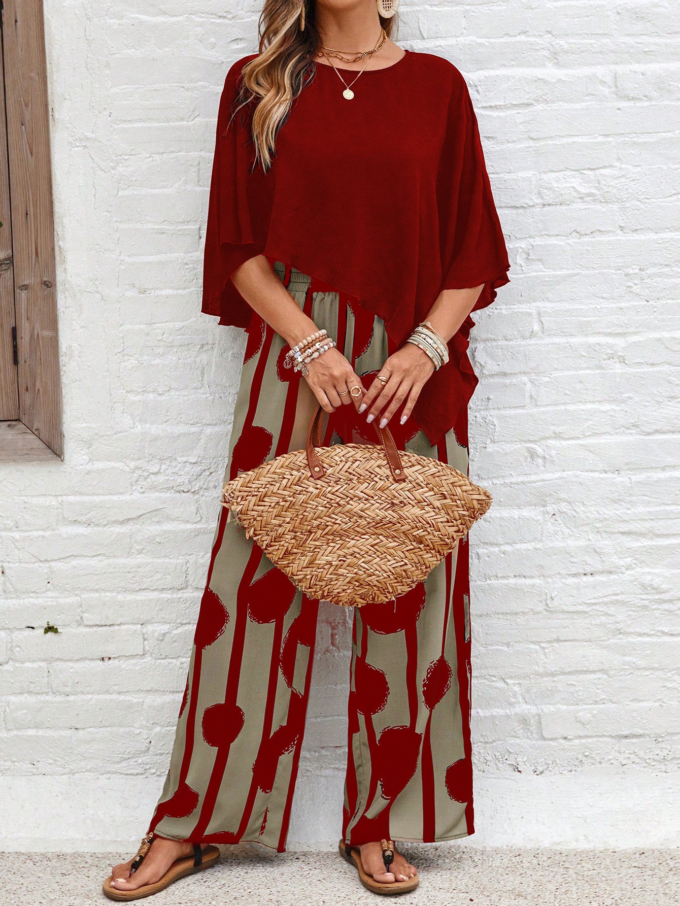 Red Abstract Two-Piece Set with Wide-Leg Pants – Women's Elegant Outfit