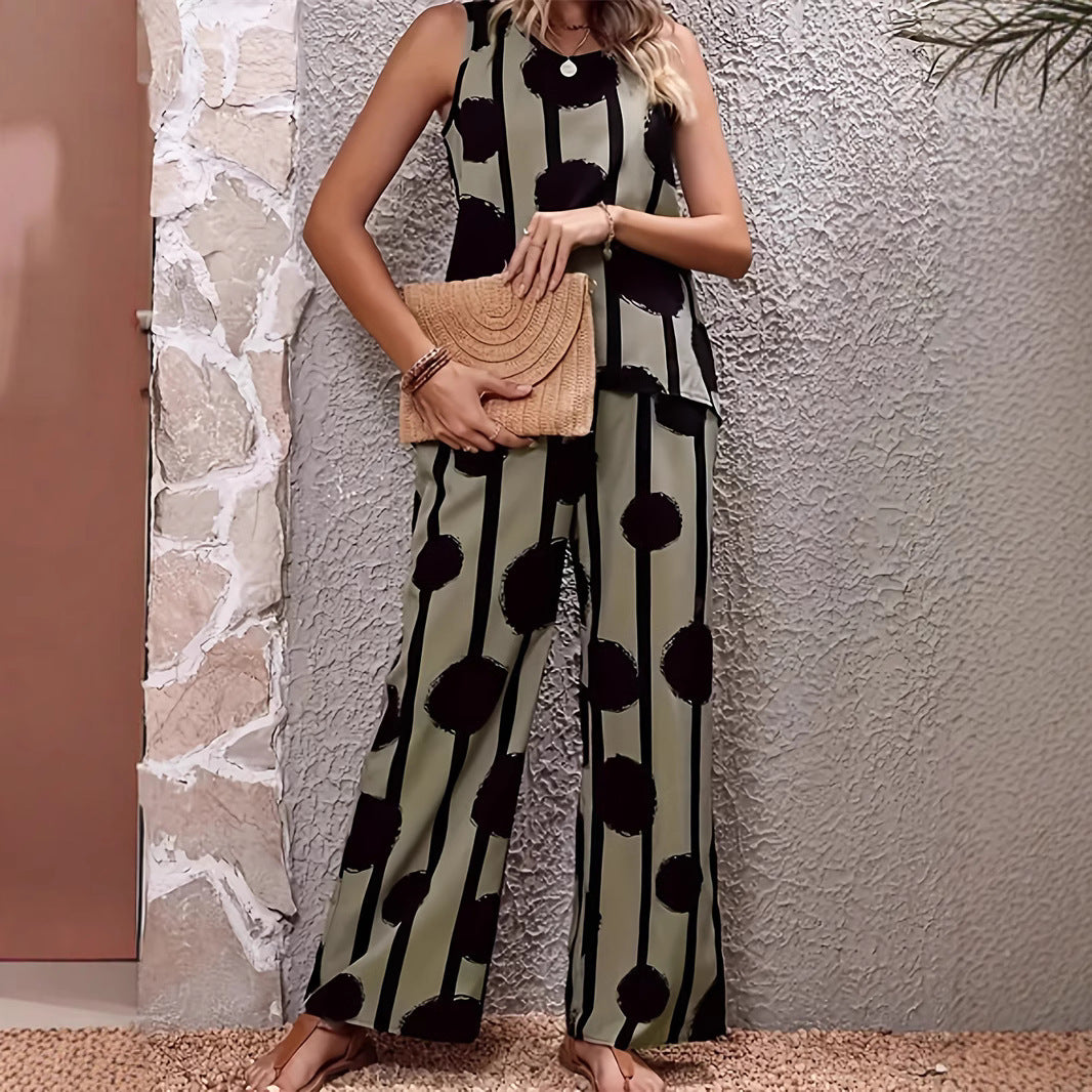 Olive Street Style Printed Sleeveless Top & Trousers Set