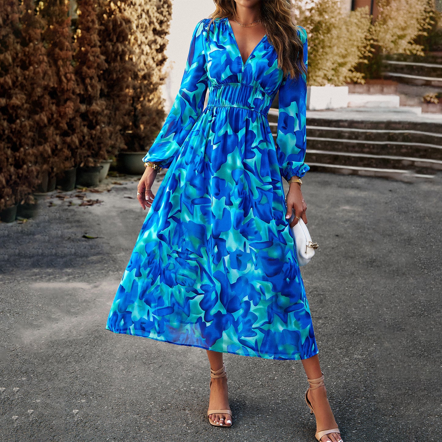 Aruna | Boho Floral Print Chiffon Midi Dress – Holiday A-Line Style