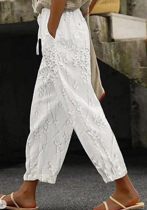 Women's Elegant Floral Print Full-Length Polyester Trousers