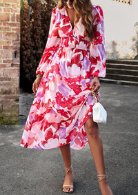 Aruna | Boho Floral Print Chiffon Midi Dress – Holiday A-Line Style