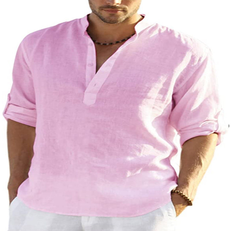 BreezeFit | Men's Cotton Linen Long Sleeve Stand Collar Shirt