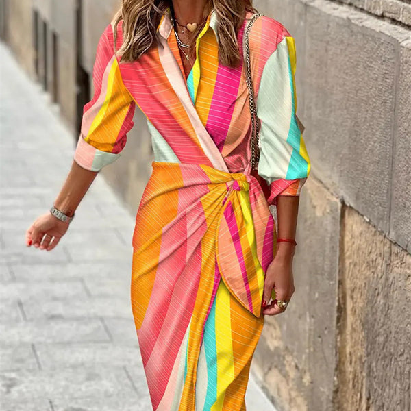 Dinna | Women's Striped Wrap Shirt Dress – Lace Up Irregular Hem