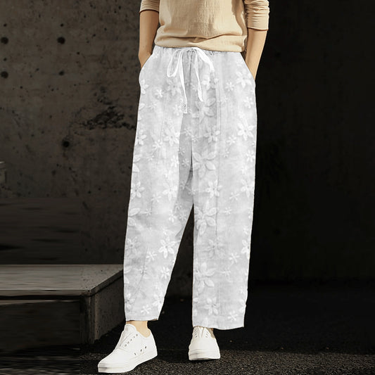 White Embroidered Cropped Pants with Pockets & Elastic Waist for Women