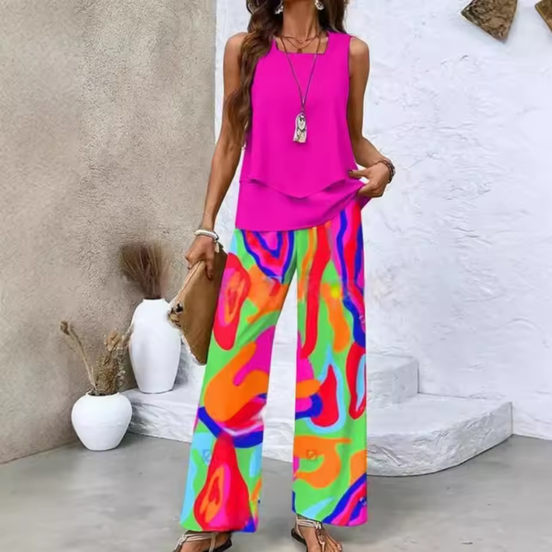 FloralEase | Sleeveless Vest and Loose Pants Set