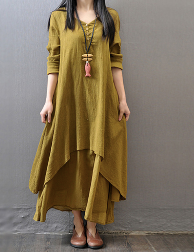 Arabelle | Retro Linen Cotton V-Neck Long Sleeve Swing Dress for Women