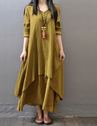 Arabelle | Retro Linen Cotton V-Neck Long Sleeve Swing Dress for Women