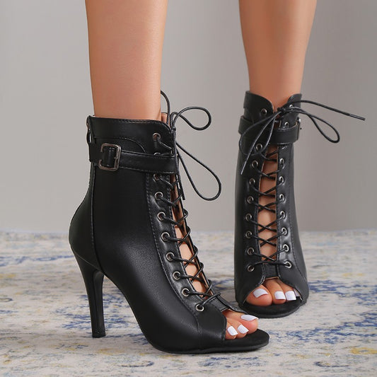 Women's Black Lace-Up Peep Toe Stiletto Heels with Buckle