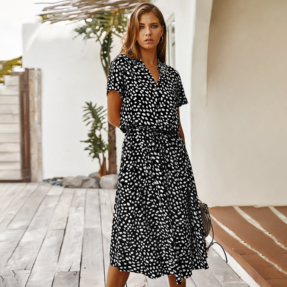 Stella | High-Waist Wave Point Short Sleeve Shirt Dress